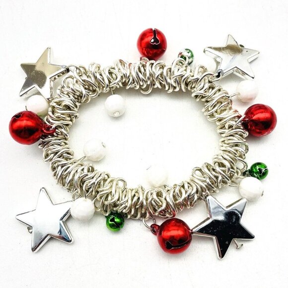 Christmas Charm Bracelet Stretch Silver Tone Stars Bells Holiday Jewelry - Picture 1 of 6